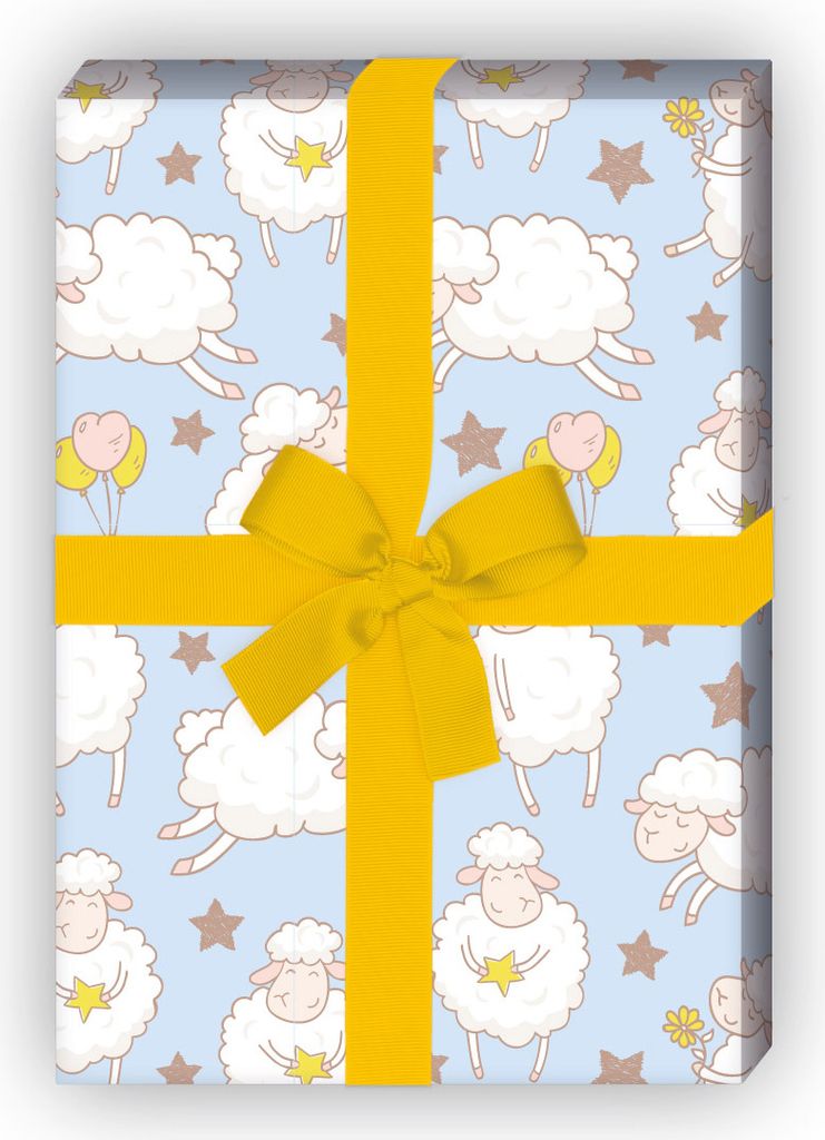 Lustiges Schäfchen Geschenkpapier mit Sternen, hellblau - G11879, 32 x 48cm