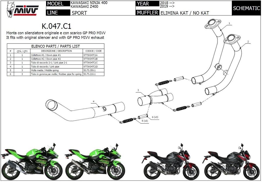 MIVV Racing Dekatalysator-Kollektor K.047.C1 für KAWASAKI NINJA/Z 400