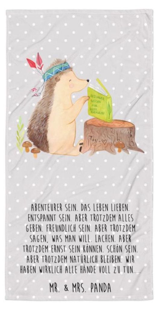 Mr. & Mrs. Panda Duschhandtuch Igel Federschmuck - Grau Pastell - Geschenk, Abenteuer, Großes Badehandtuch, Indianer, Camping, Strandtuch, Reiseha...