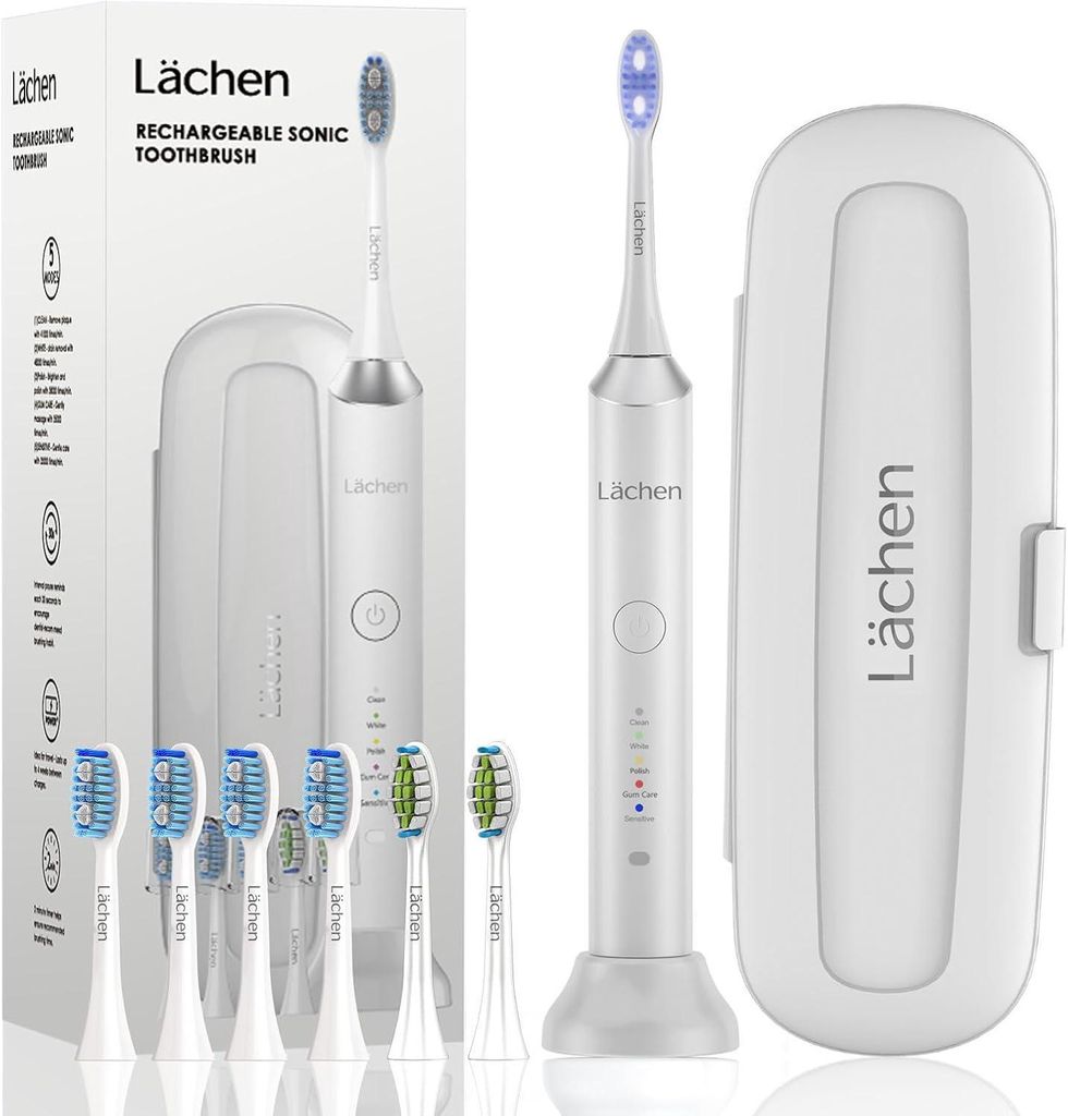 Elektrische Zahnbürste, Lächen Schallzahnbürste, 5 Reinigungsprogramme mit Reiseetui, 6 Zahnbürstenköpfe, wiederaufladbar, IPX7 wasserdicht