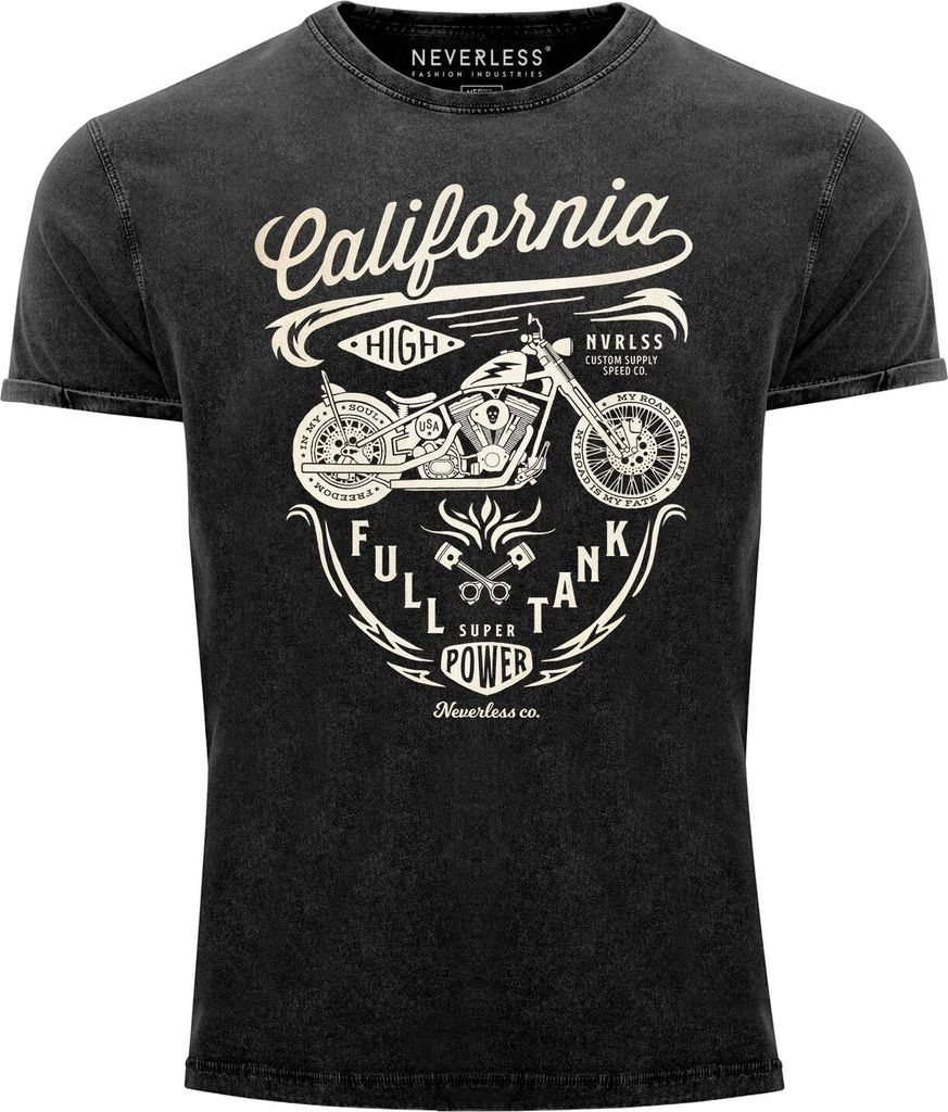 Herren Vintage Shirt Biker Motorrad Schriftzug California Full Tank Used Look Slim Fit Neverless schwarz L