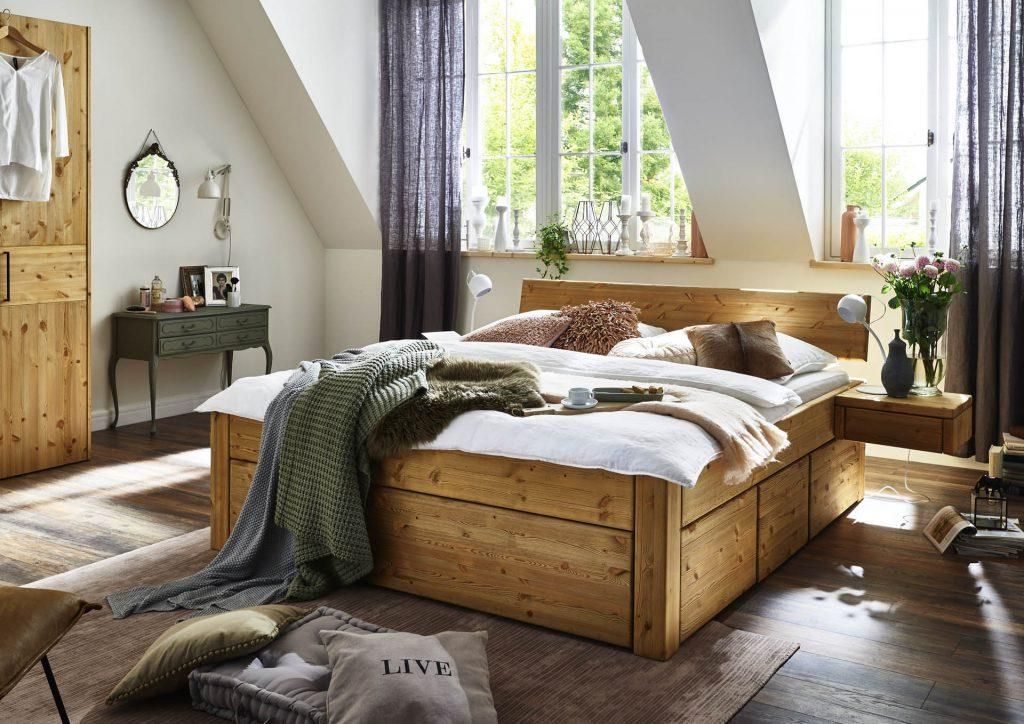 Bett Randers 160x200 Kiefer massiv mit Kopfteil 1 Schubkasten 2 Blenden