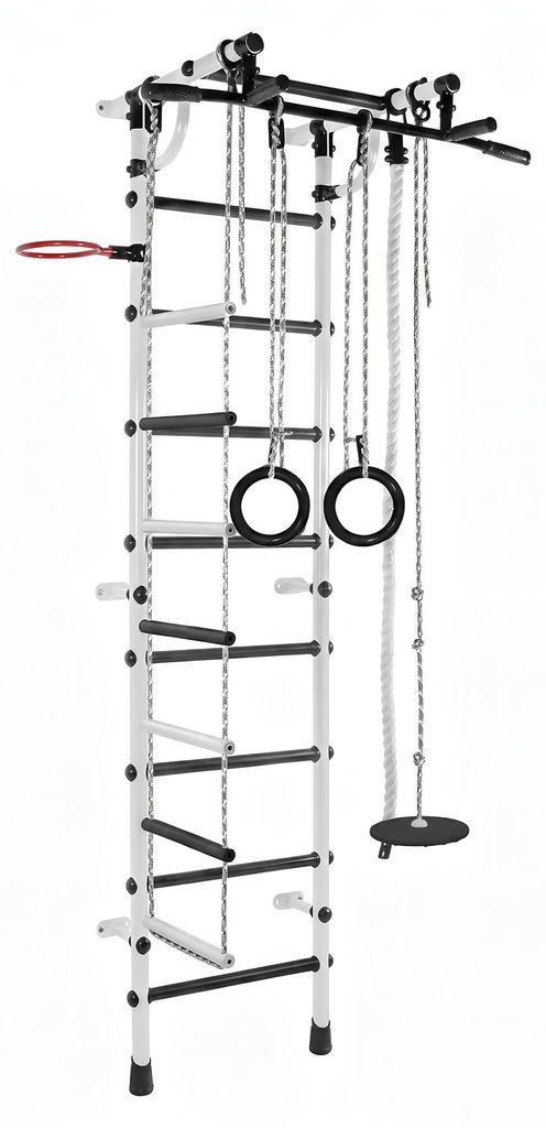 Sprossenwand für Kinder Indoor Klettergerüst aus Metall mit Strickleiter und Gymnastikräder – Gamma Plus, schwarz