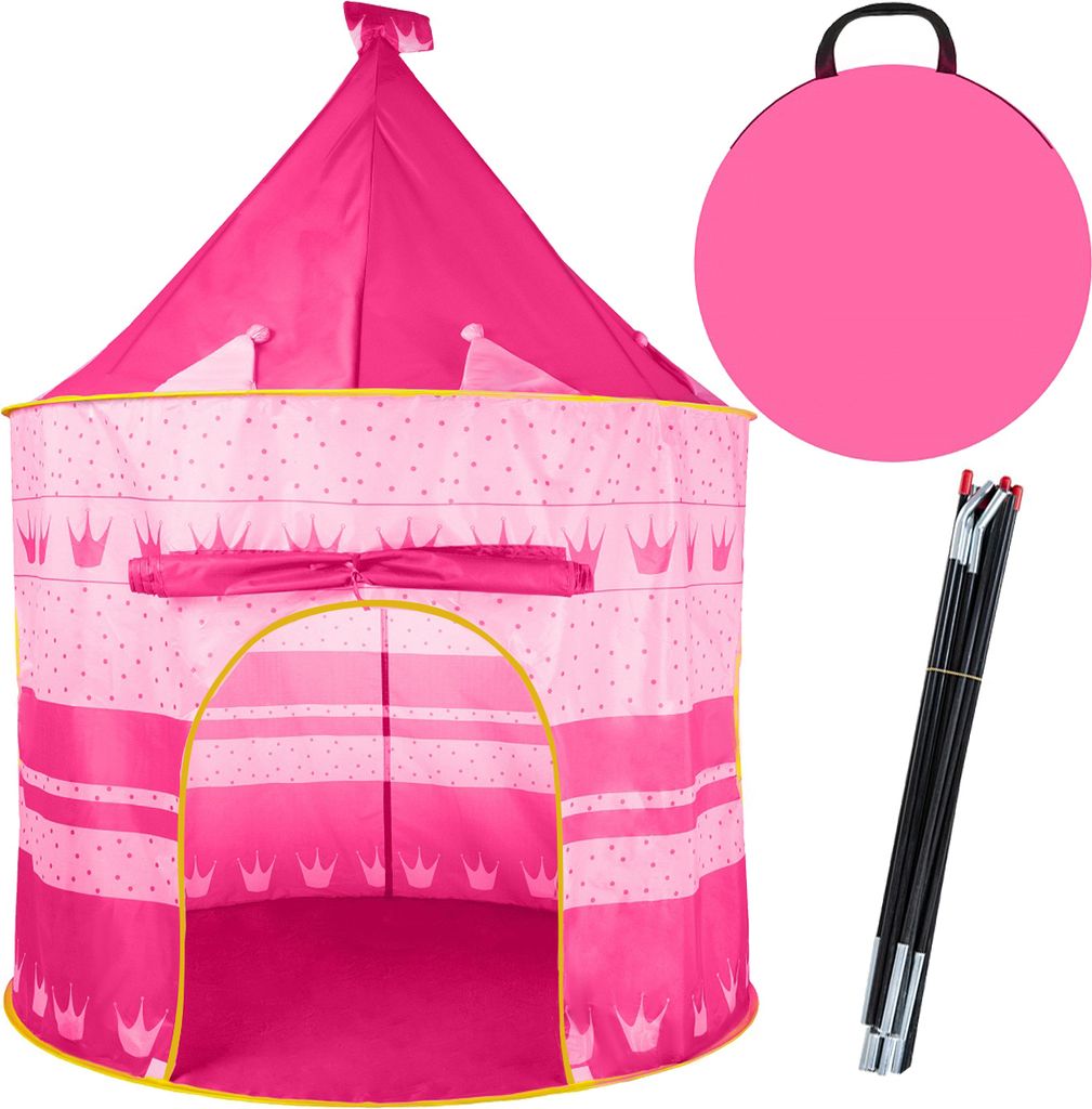 A pink princess castle play tent with poles and a carrying case.