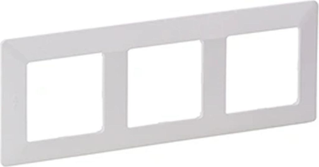 A white, three-gang modular frame for electrical outlets or switches.