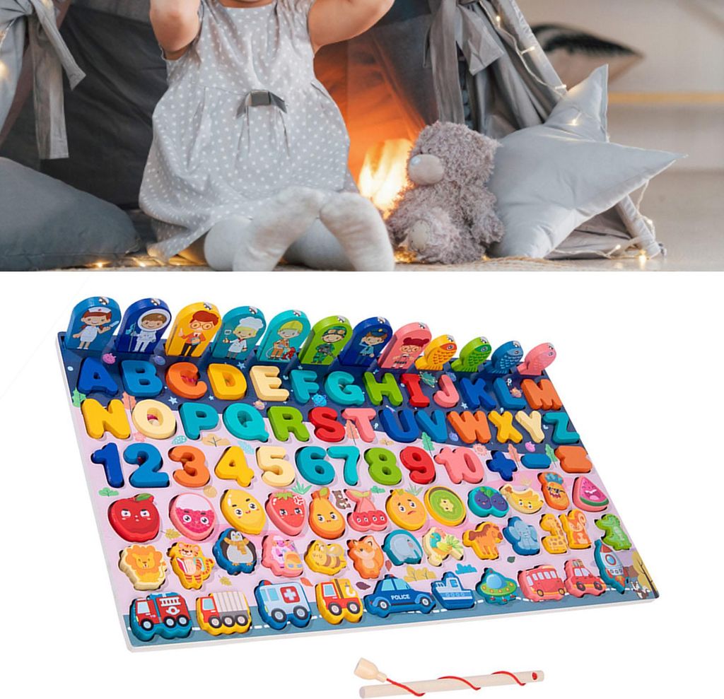 Holzpuzzles für Kleinkinder, Lernspielzeug, leuchtende Farben, Zahlenform, Lernbrett, Obst, Verkehr