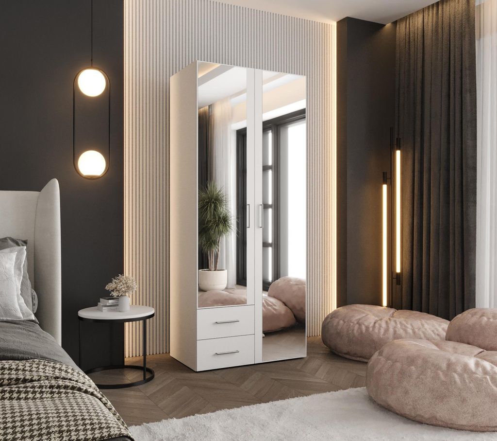 Drehtürenschrank 190x80x48 cm Weiß mit 2 Spiegeln und 2 Schubladen – Moderner Kleiderschrank mit viel Stauraum für Schlafzimmer und Flur