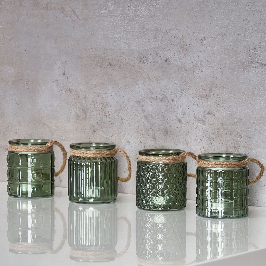 4er Set Windlicht H10cm Glas Grün Khaki Teelichthalter Produktbild 3