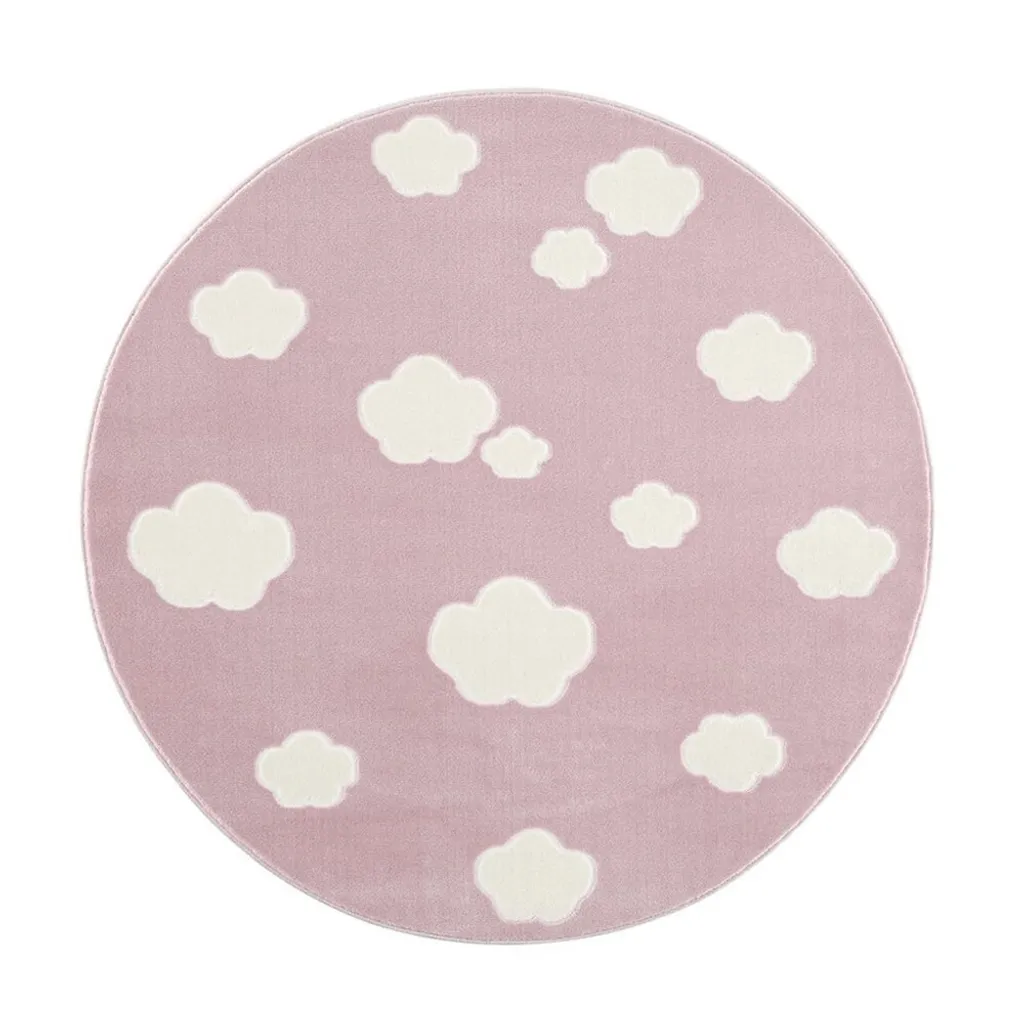 Tapis rond enfant 133 cm nuage rose et blanc Happy Rugs par Livone déco