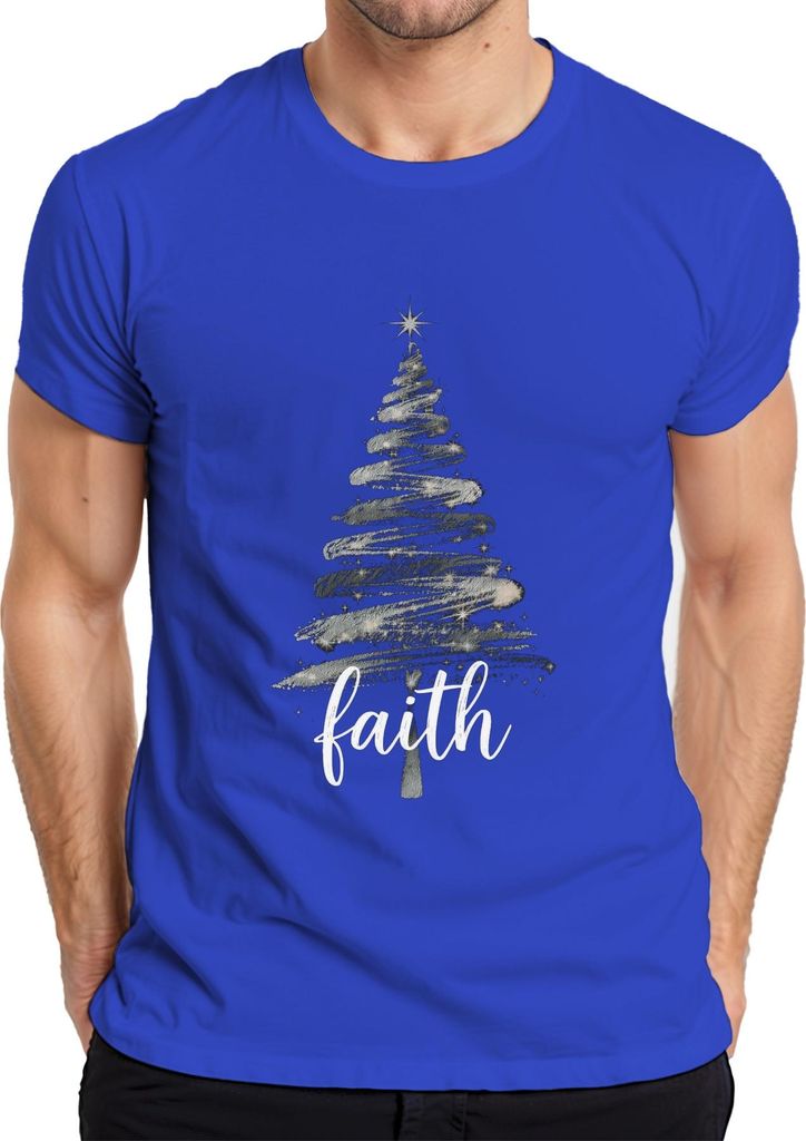 Weihnachtsbaum Faith christlich Glitzer Silber Schwarz Script Herren T-Shirt, Blau, XXL