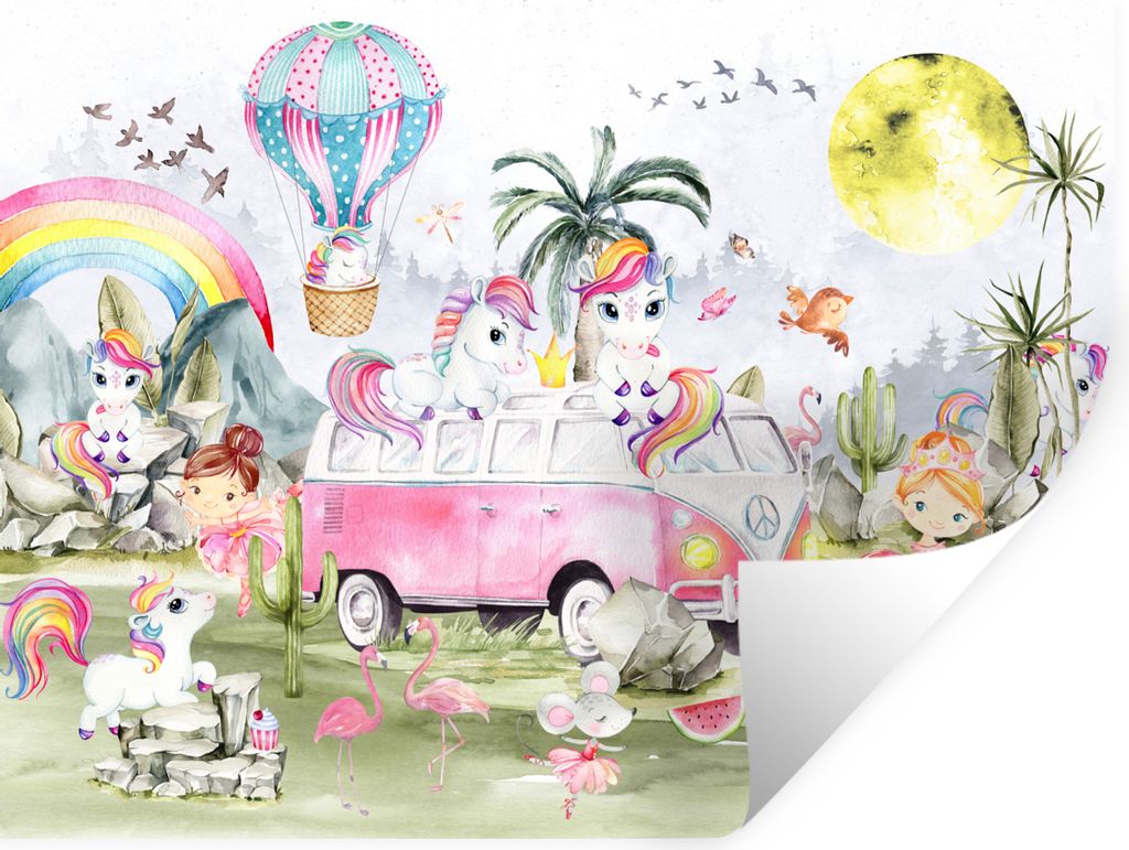 MuchoWow Wandtattoo Wandsticker Wandaufkleber Einhorn - Regenbogen - Kinder - Mädchen - Auto 40x30 cm Selbstklebend und Repositionierbar - Falte...