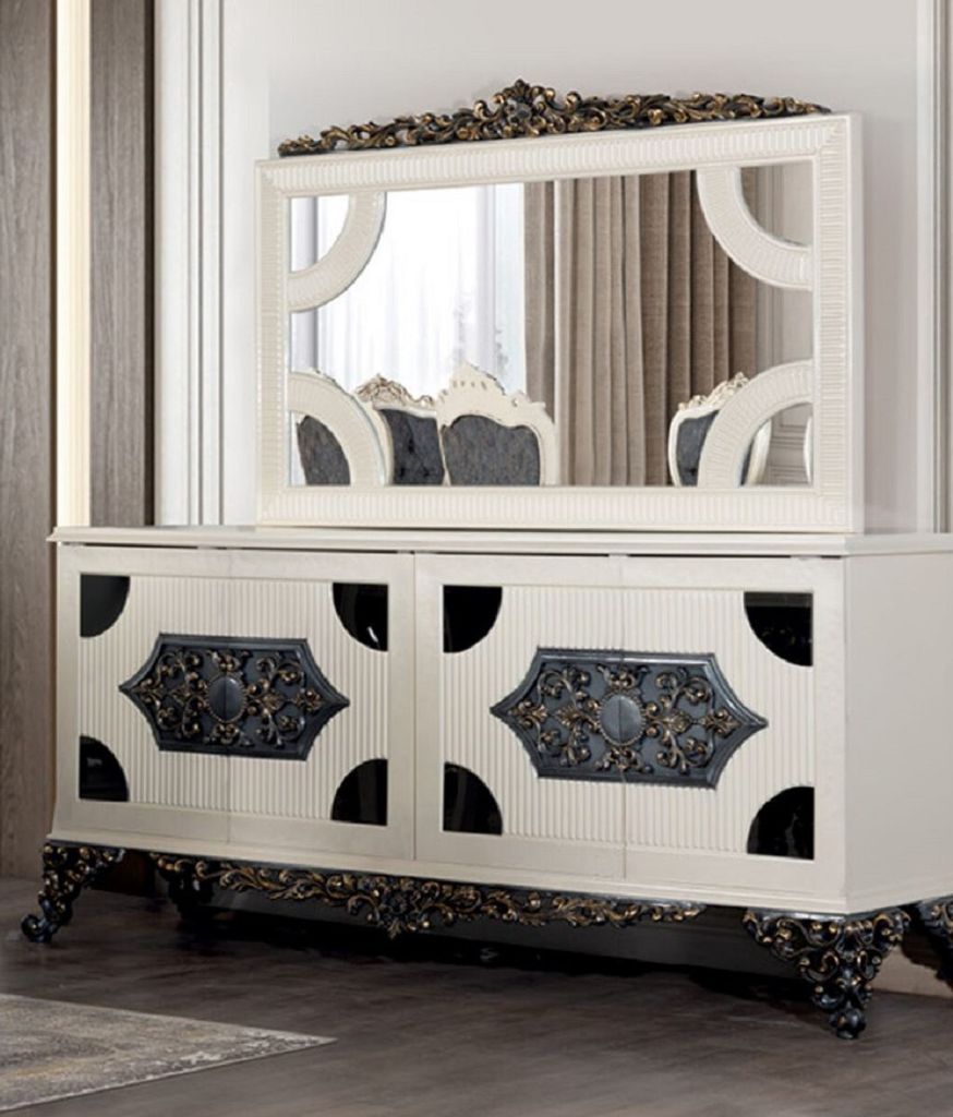 Casa Padrino Luxus Barock Sideboard mit Spiegel Weiß / Blau / Bronze - Luxus Möbel Möbel im Barockstil - Barock Möbel - Barock Einrichtung - Ed...