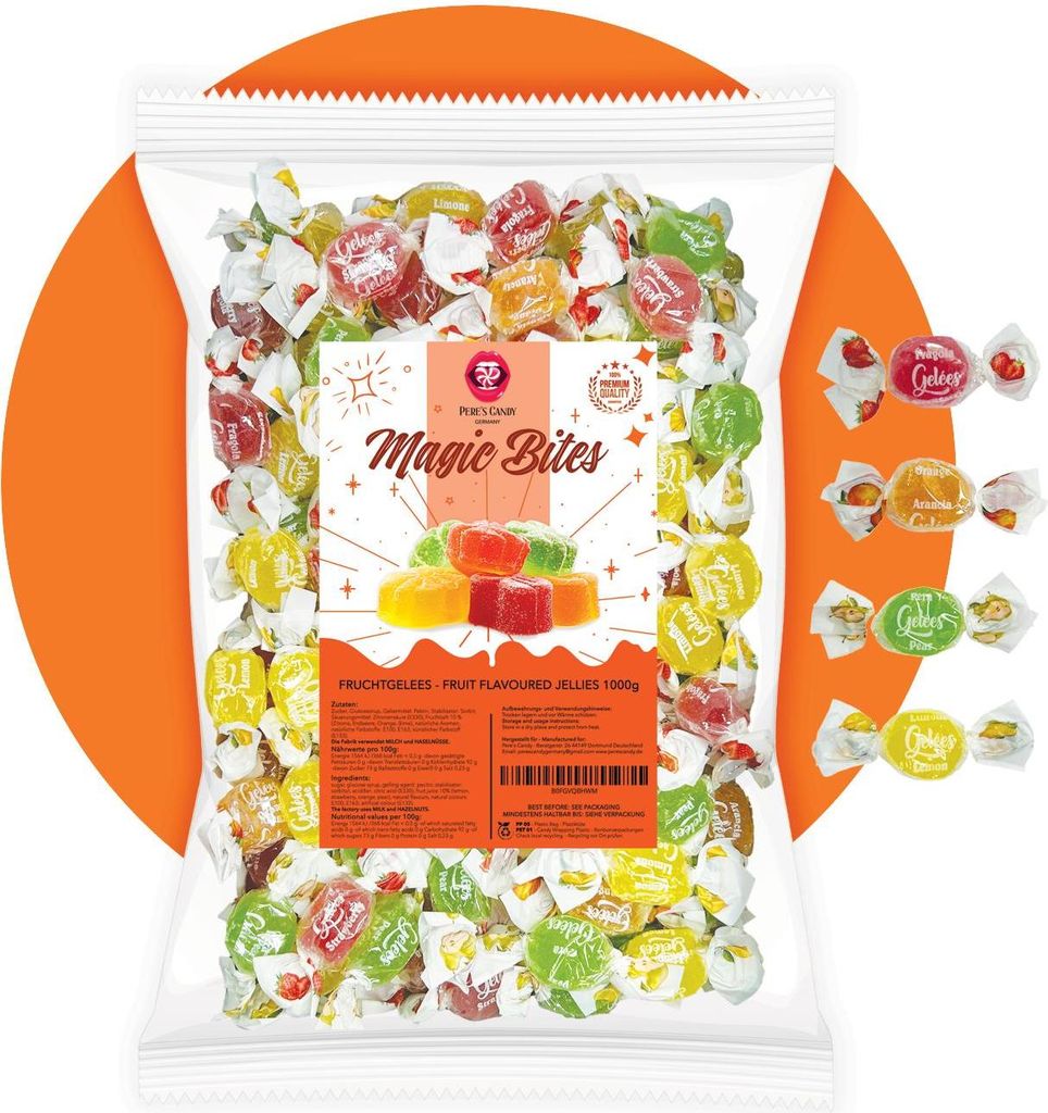 PERE’S CANDY Süßigkeiten Großpackung 1kg - Magic Bites - Fruchtige Geleemischung – 4 Sorten mit echtem Fruchtsaft – aus Italien
