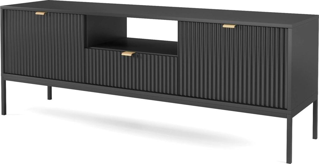 TV Lowboard Kioto 154 cm Schwarz & Schwarz – Rillenfront, Produktbild 