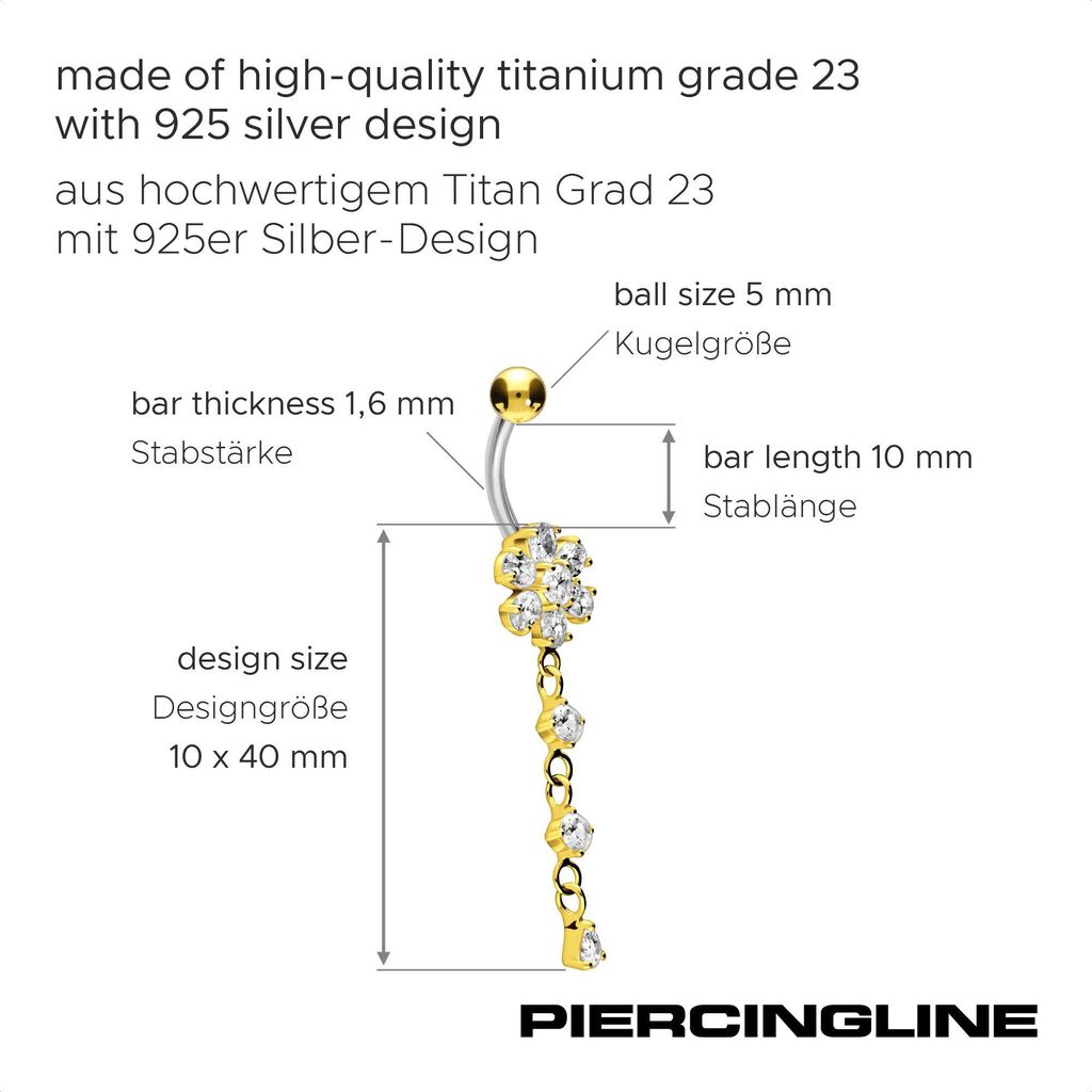 Bauchnabelpiercing Titan Bananabell mit 925er Silber-Design KRISTALLBLUME + ANHÄNGER