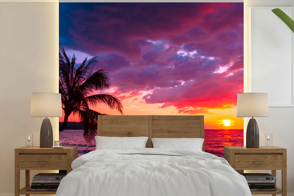 MuchoWow Fototapete für Wohnzimmer oder Schlafzimmer Wandtapete Vinyl Motivtapete Sonne - Horizont - Rosa - Palme - Meer - 220x220 cm - Tapeten