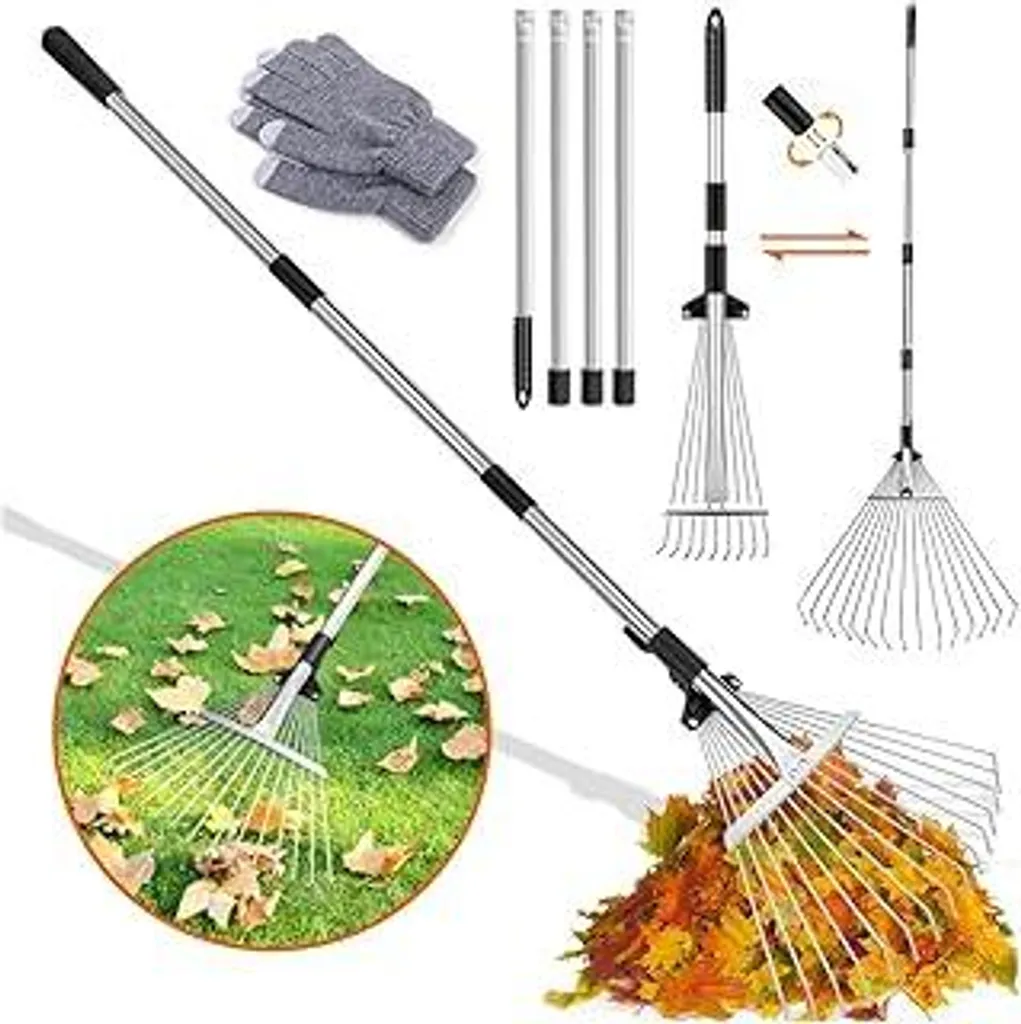 Rastrello per foglie, rastrello da giardino con asta metallica regolabile da 2,15 m e guanti, scopa per foglie, scopa a ventaglio in metallo, ventaglio per foglie, rastrello da giardino per la pulizia di piante, prati e cortili - 1