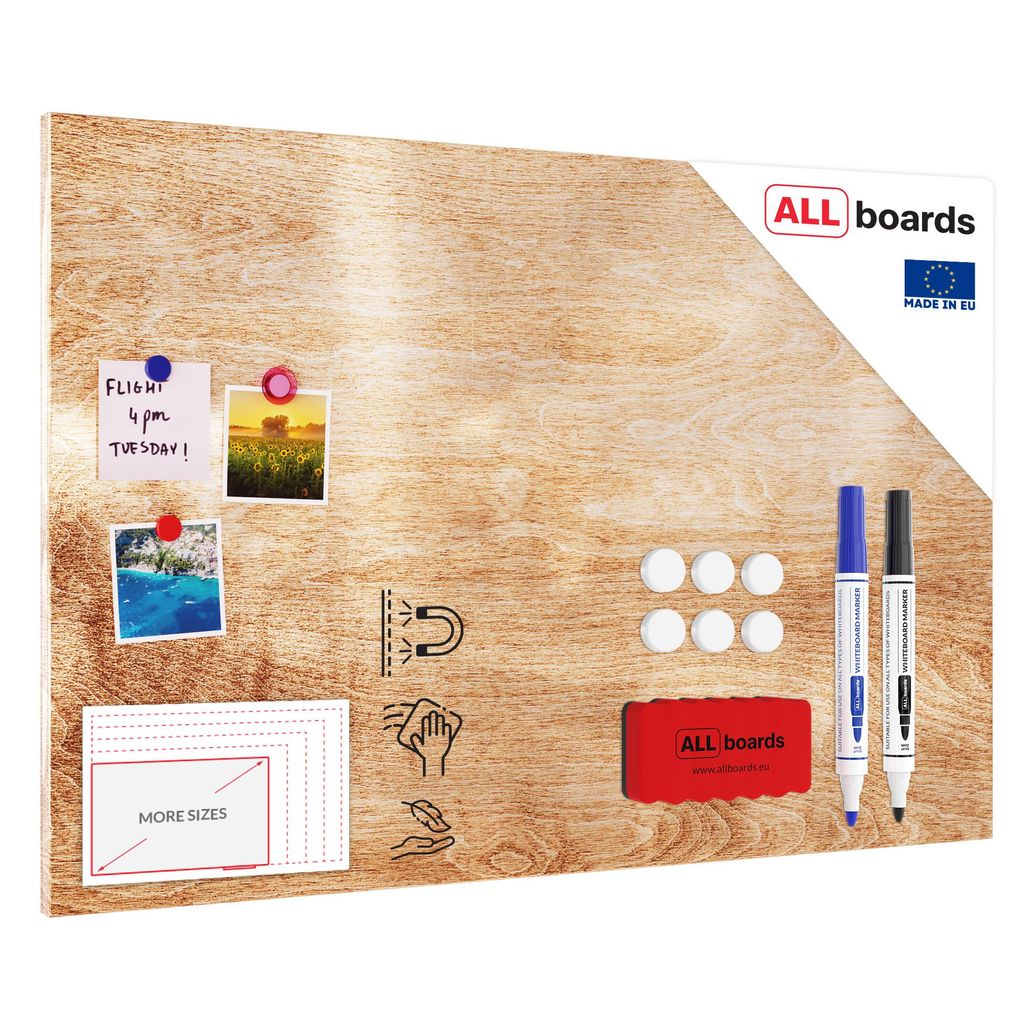 Metallische Magnettafel, MetalBoard, MASSIVHOLZ 90x60 cm + GRATIS Zubehörset