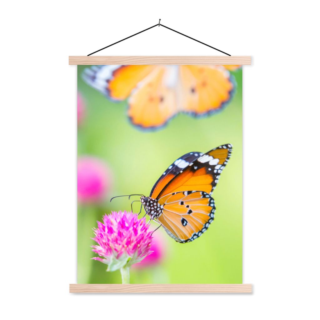 MuchoWow Textilposter Insekten - Schmetterlinge - Blumen 120x160 cm mit holzfarbenen Rahmen - Plakatkarton