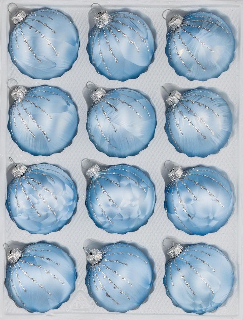 12 tlg. Glas-Weihnachtskugeln Set in Ice Blau Silber Regen Produktbild 