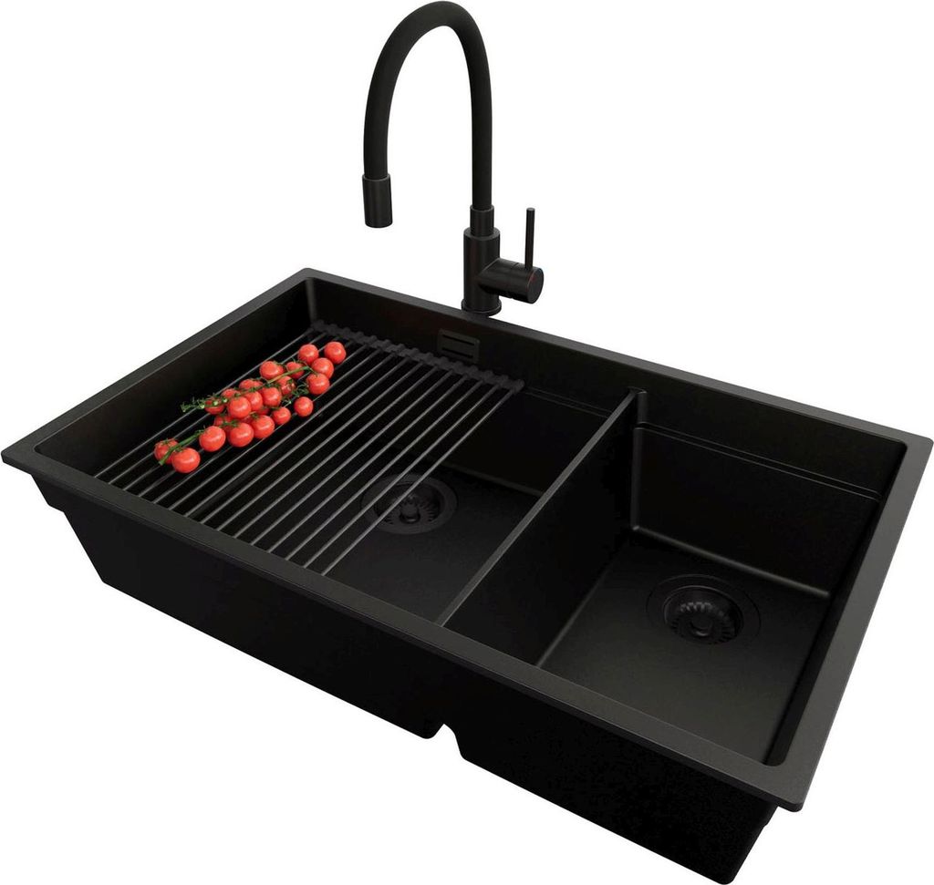 PRIMAGRAN Granitspüle Alles Schwarz 76x47cm, Spülbecken 2 Becken + Ablauf-Set + Küchenzubehörset, Küchenspüle ab 80er Unterschrank - Praga Sl...