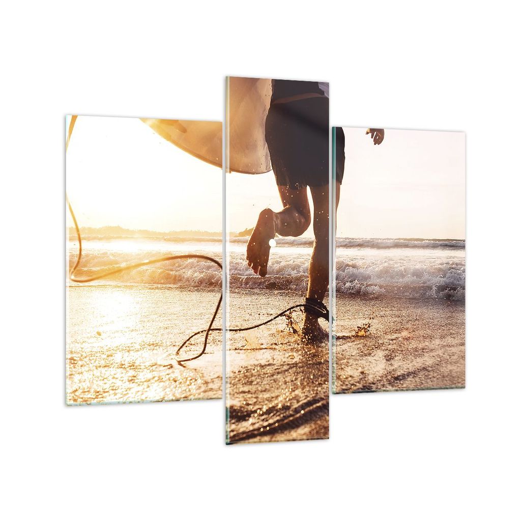 Bilder auf glas - 3 Teile - Surfen Strand Freude - 95x80cm - Glasbilder - Wandbilder - Bilder - zum Aufhängen bereit - Wanddekoration aus Glas - G...