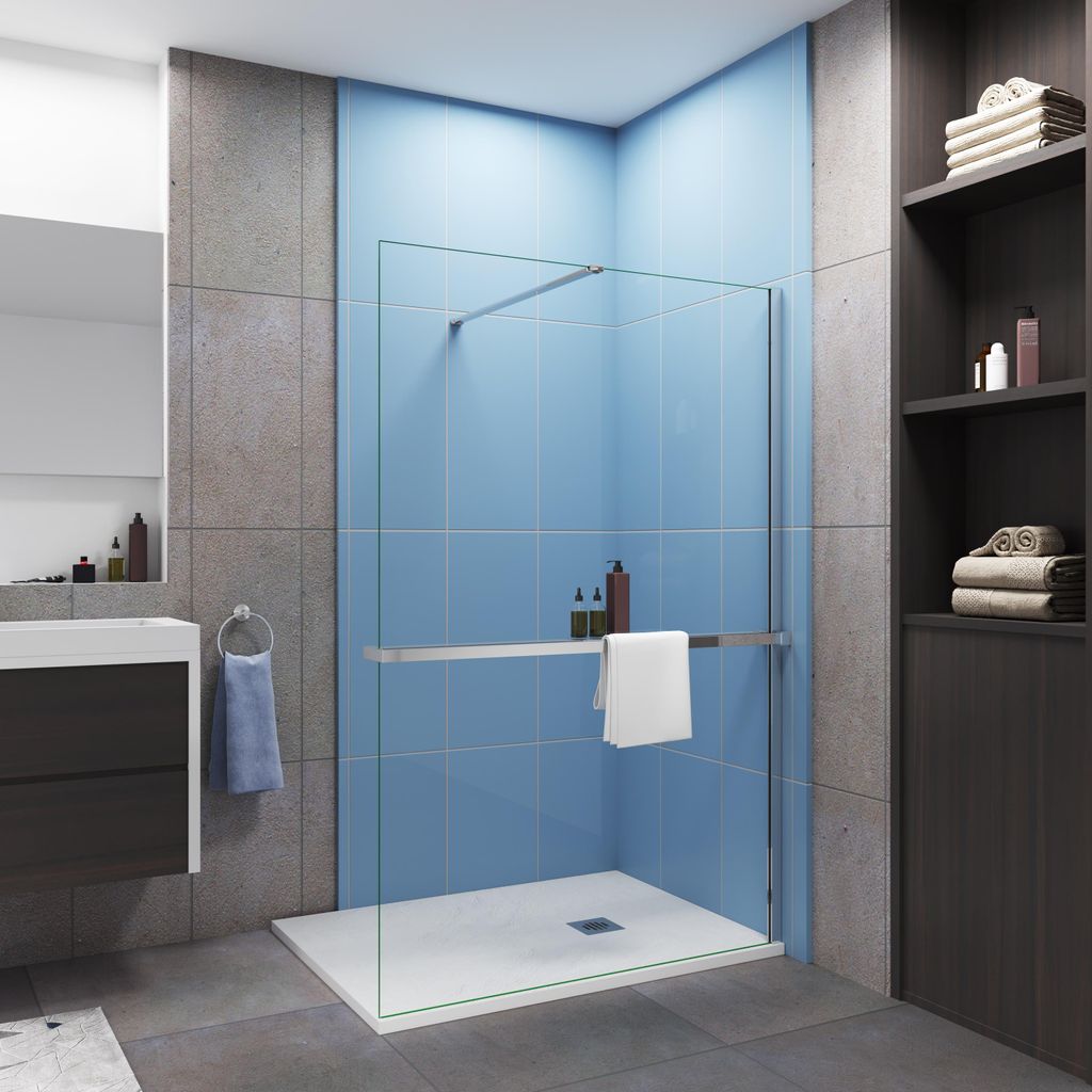 Duschparadies Duschwand Walk-In,ESG Klarglas 8mm,120x200cm,mit Stabilisator:140cm,mit Ablage + Handtuchhalter