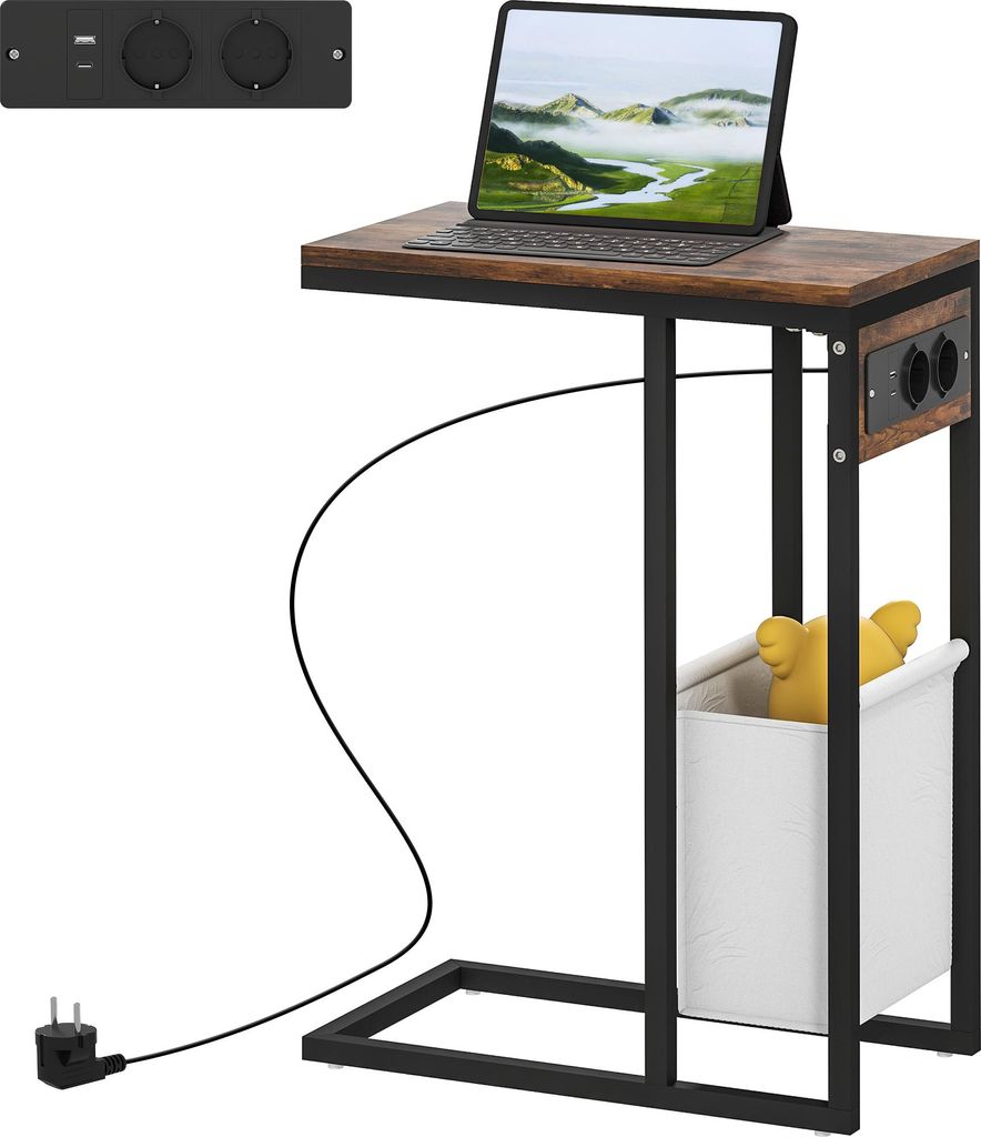 C-Form Beistelltisch mit Steckdosen & USB-Anschlüssen - Kabelloses Nachttischchen mit Kabelmanagement