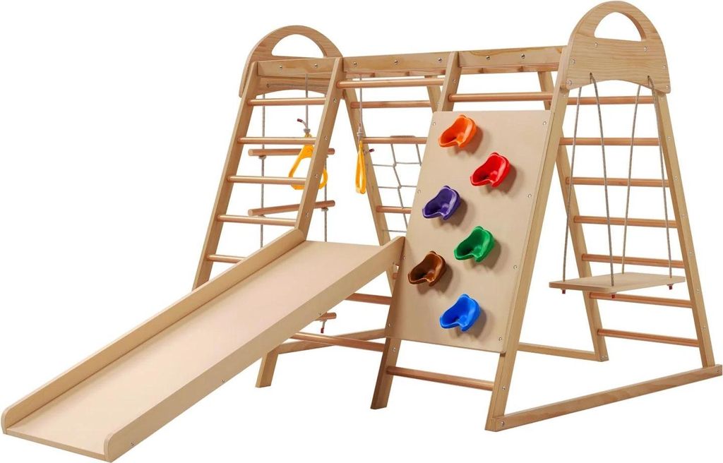 7-in-1 Klettergerüst - Indoor Spielplatz - Holz - Rutsche - Schaukel - Kletterleiter, Netz, Klettersteine - Für Kinder ab 3 - Mehrfarbig