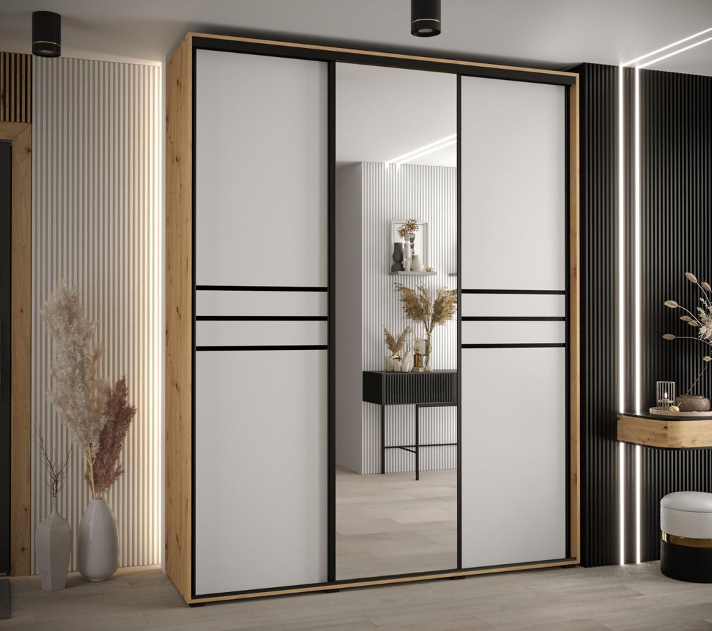 Kleiderschrank YVONA 11 - 200/60 cm, Eiche handwerklich / weiß / schwarz