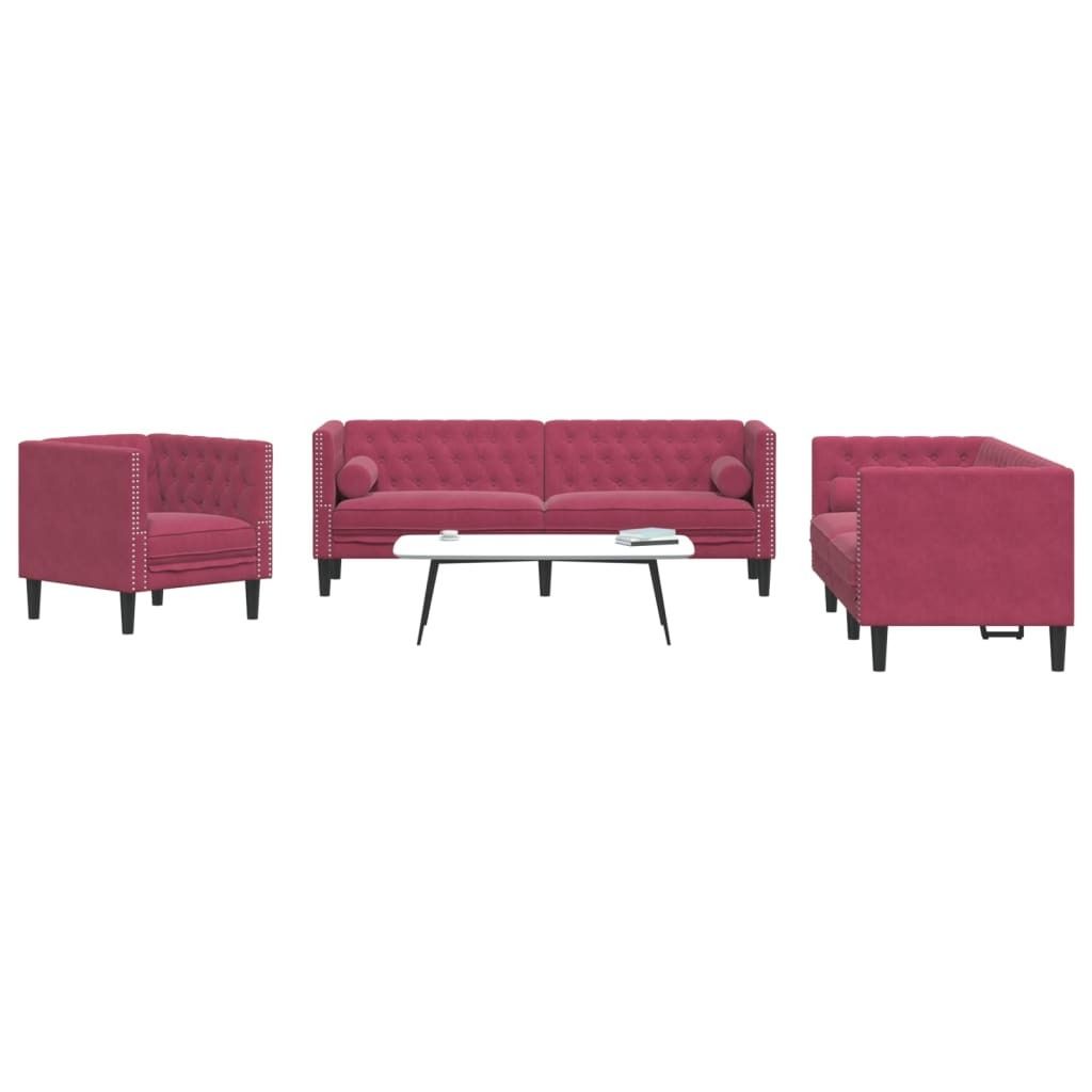 3-tlg. Chesterfield-Sofa-Set mit Nackenrollen Weinrot Samt, Schlafsofas 2024 Neu