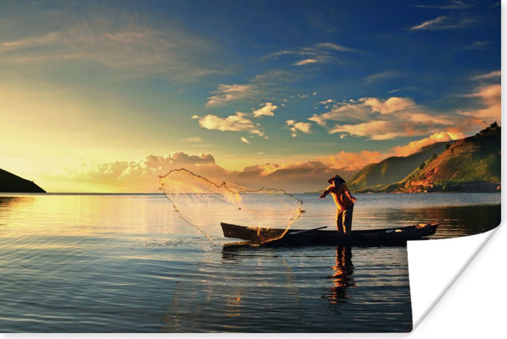 MuchoWow Poster Ein Mann fischt mit einem Netz in Indonesien 120x80 cm - Bilder