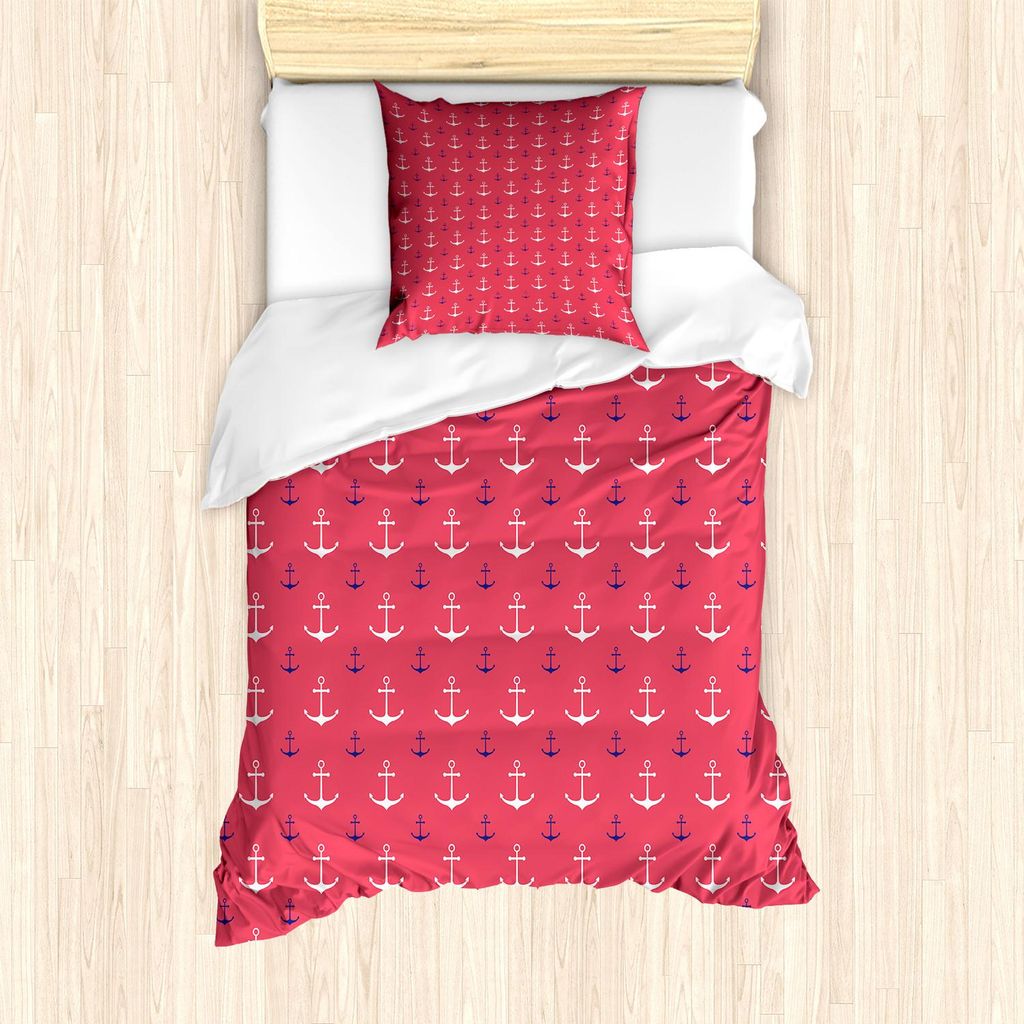 ABAKUHAUS Anker Bettbezug Set, Muster mit Symmetric Nautik Ozean Themed Print Marine Life, 135 x 200 cm + 80 x 80 cm, Dunkler Coral Indigo Weiß
