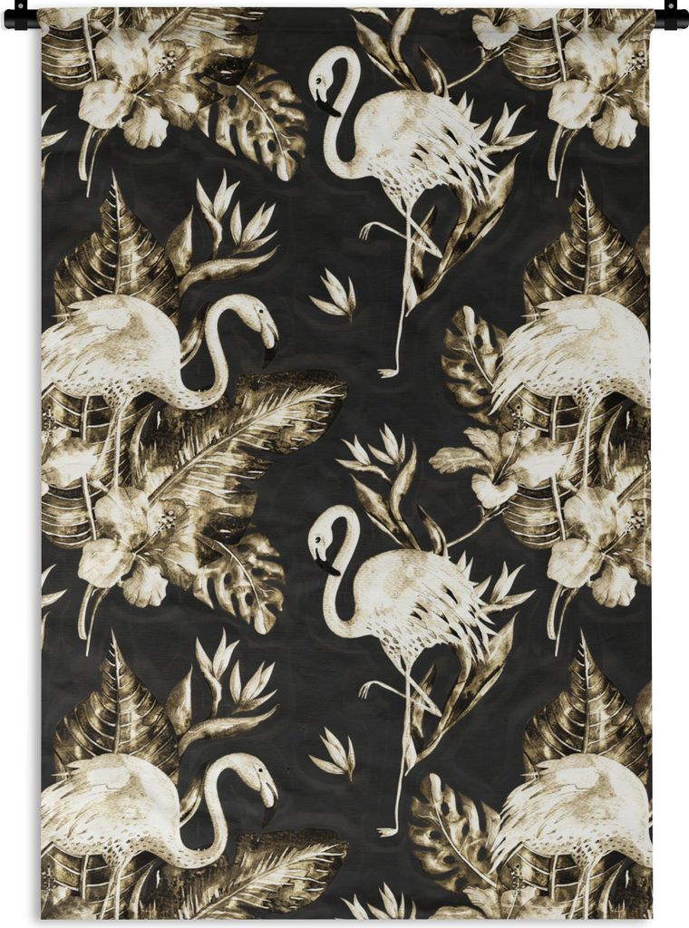 MuchoWow Wandteppich Wandbehang Blumen - Gold - Flamingo 120x180 cm Tapisserie Dekoration Wandtuch - Schlafzimmer - Dekorationen für das Haus