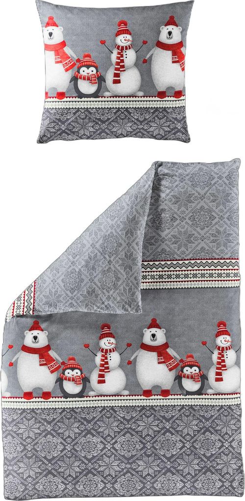 JACK by Bierbaum Biber Bettwäsche 2 tlg. 135x200cm Winterfamilie Schneemann Pinguin Eisbär Grau Rot