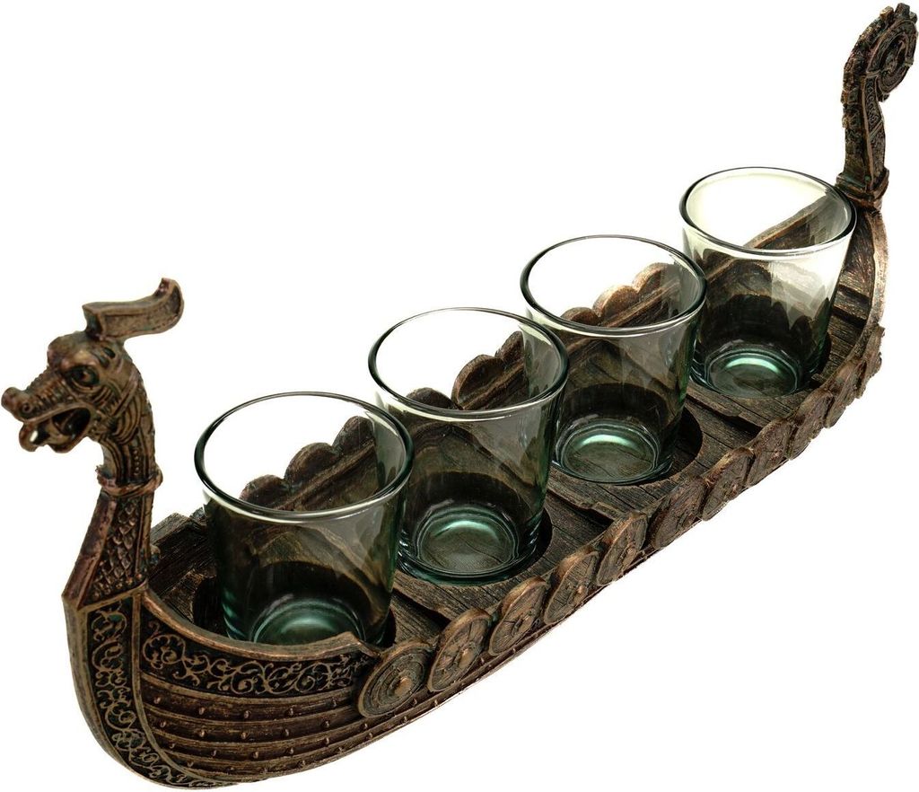 Handbemaltes 31cm Drakkar Wikingerschiff - 2-teilig mit 4 Schnapsgläsern Shots