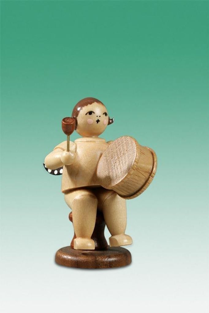 Holzfigur Musikantenengel mit großer Trommel sitzend mit Krone natur Höhe 6,5cm NEU