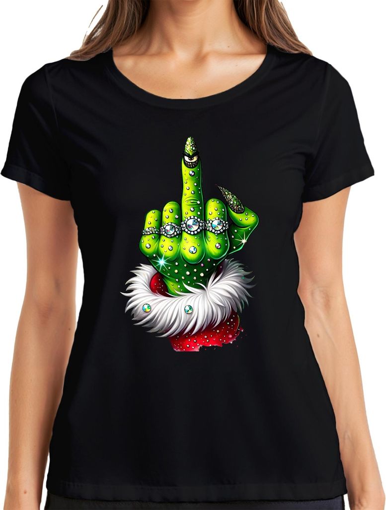 Grinch Mittelfinger Weihnachten frech Geschenk Glitzer Damen T-Shirt, Schwarz, XXL