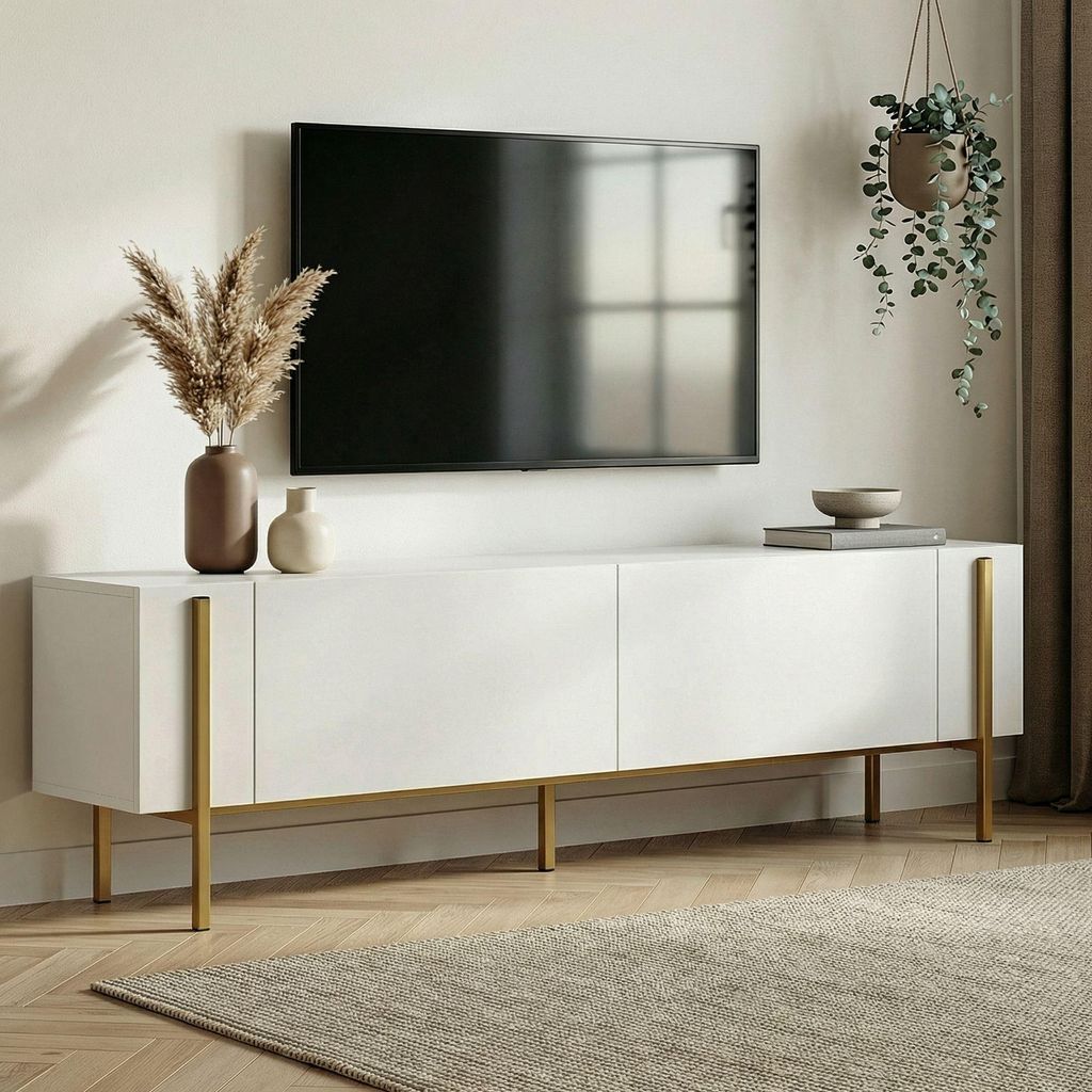 Skye Decor, Hochwertiger TV-Ständer, 180 x 30 x 45 cm, Weiß und Gold | 100% melaminbeschichtete Spanplatte, 18 mm dick | Metallbeine, modernes De...