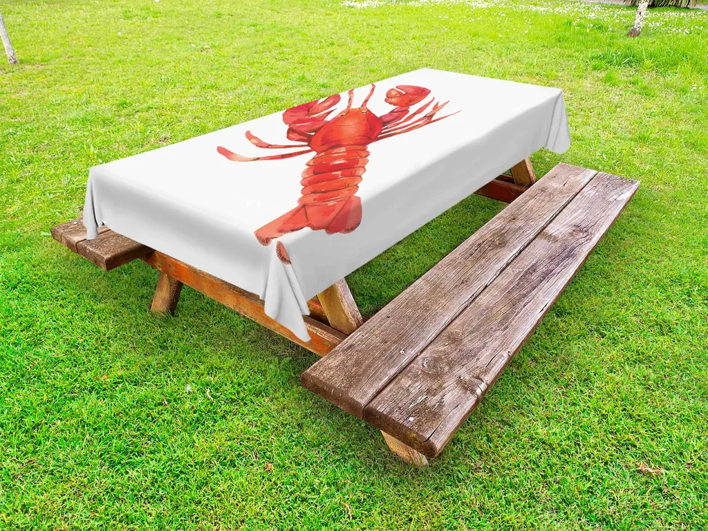 ABAKUHAUS Tovaglia per aragoste da esterno, effetto acquerello, immagine di granchio, cucina mediterranea a base di frutti di mare, bianco e vermiglio, 145x265 cm