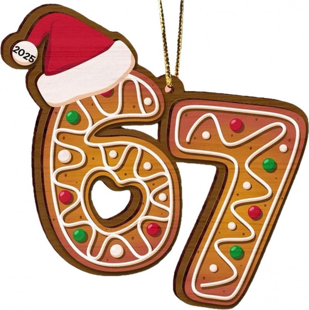 Weihnachtsschmuck aus Acryl: Lebkuchen-Anhänger mit der Zahl 67 und Hut – Festliche Weihnachtsbaumdekoration – Weihnachtsgeschenk