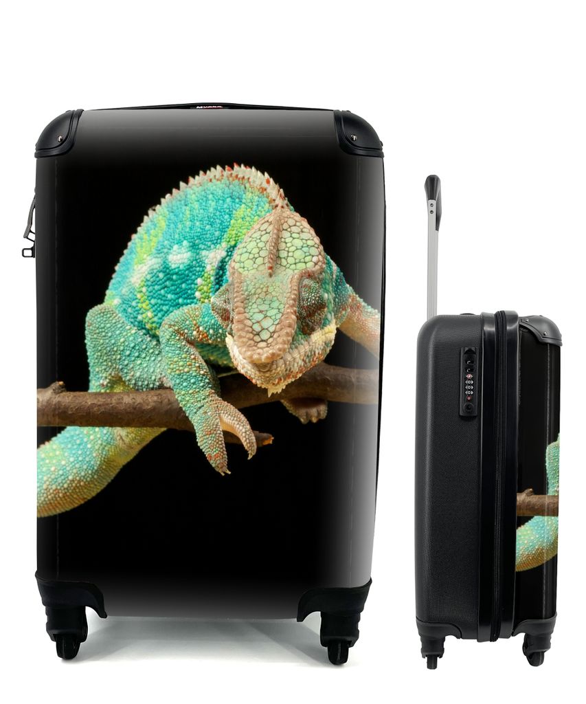 MuchoWow Koffer Handgepäck Trolley Rollkoffer Kleine Reisekoffer mit 4 Rollen - Chamäleon - Zweig - Pastell - Cabin Size < 55x40x23 cm & 55x40x...