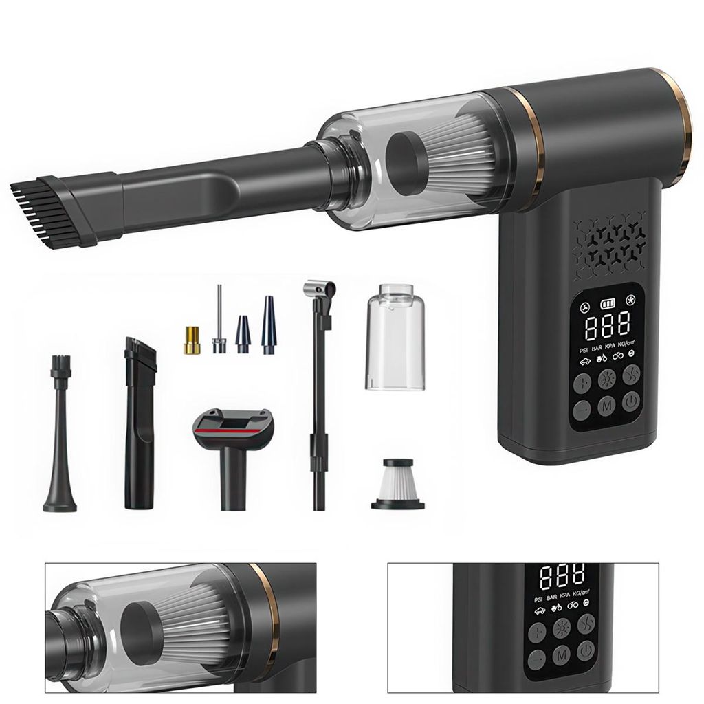 kabelloser Auto-Staubsauger, Handstaubsauger, Reifenpumpe, wiederaufladbar, 5-in-1, LED Licht, Tierhaare, Autozubehör, Outdoor, Camping