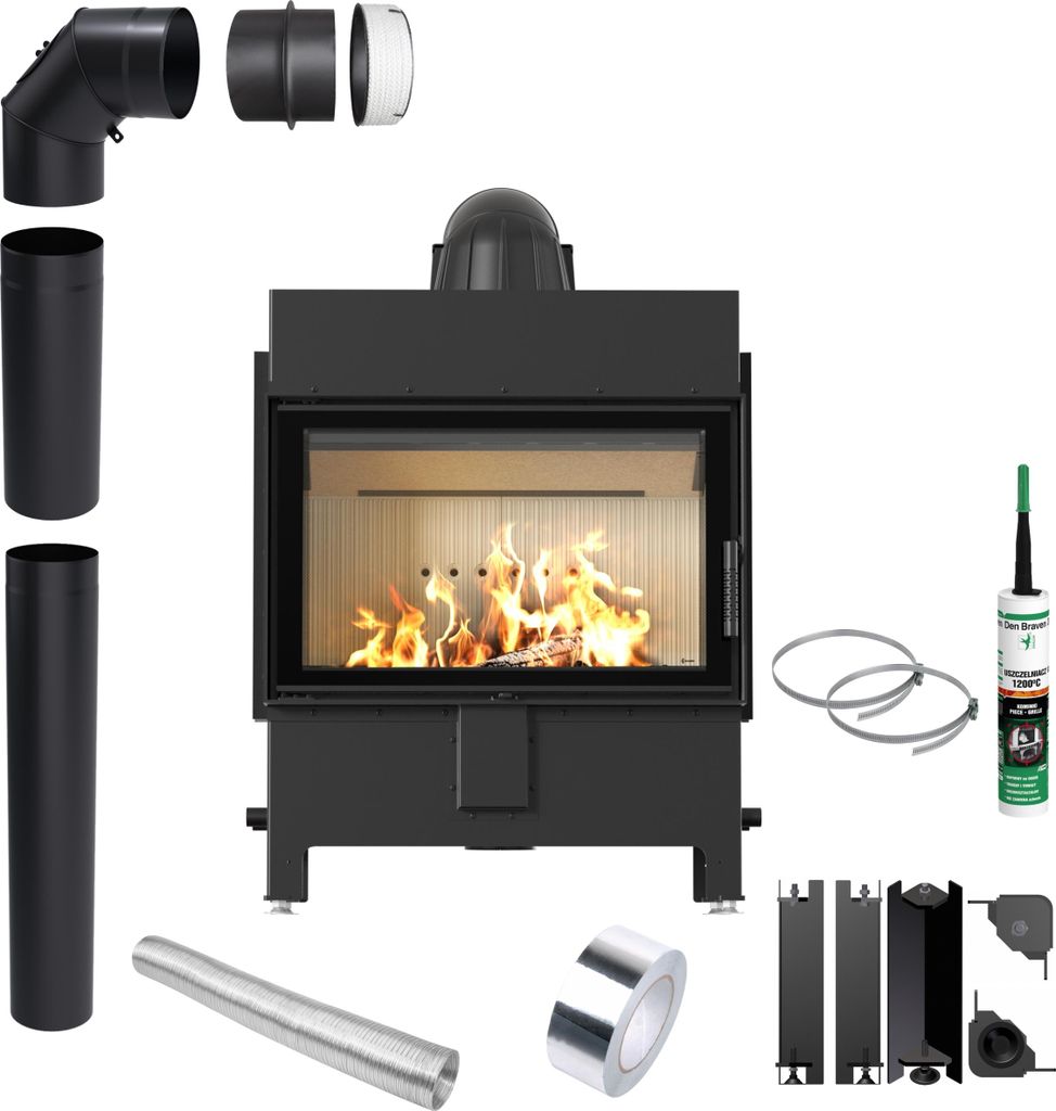 Kamineinsatz KRATKI LUCY 14 kW Ø200 Holz Montageset mit Schließung