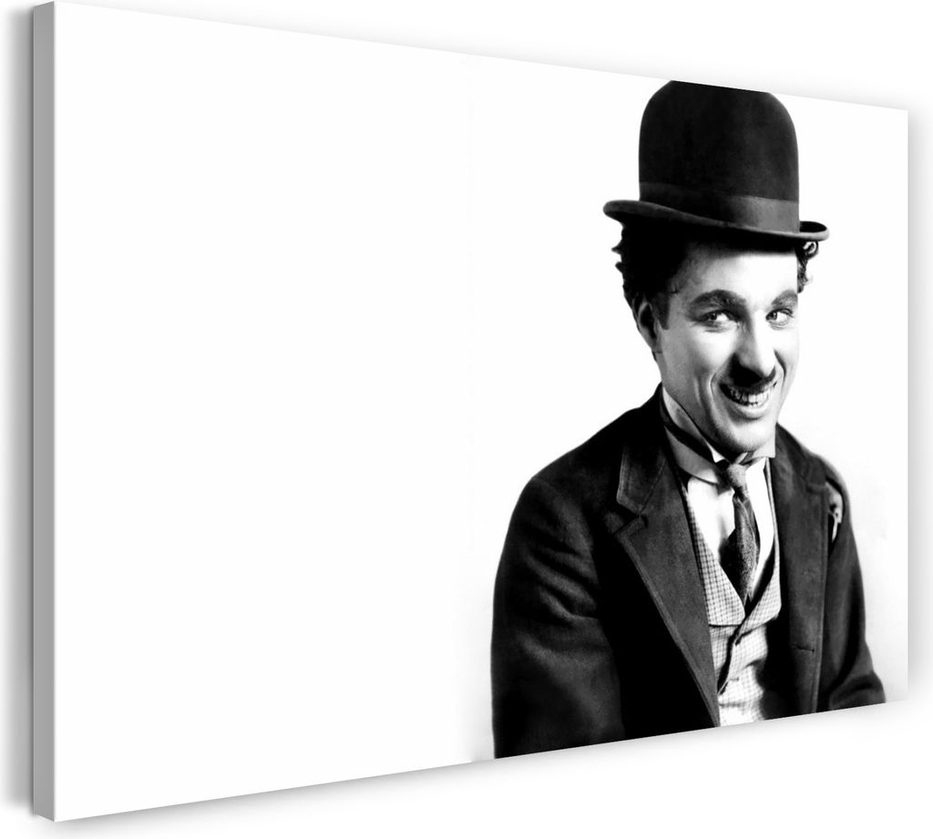 Leinwandbild (100x70cm): Charlie Chaplin schelmisch lachend vor weißem Hintergrund, echter Holz-Keilrahmen inkl. Aufhänger, handgefertigt in Deut...