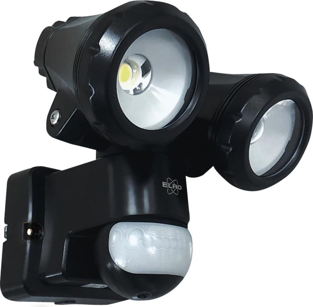 A black LED outdoor wall light with a motion sensor, shown against a white background.