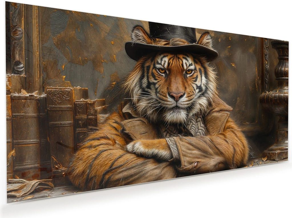 Glasbild 120x60cm in XXL für Wohnzimmer, Schlafzimmer Motiv Tiger mit Zylinder