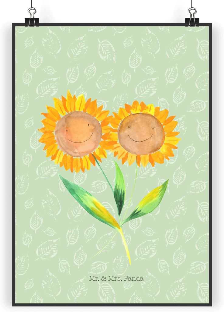Mr. & Mrs. Panda Bild Blume Sonnenblume DIN A3 - Blattgrün - Geschenk, Wandbild, Freundin, wanddeko, Plakat, Kunstdruck, Best Friends, Garten, Ver...