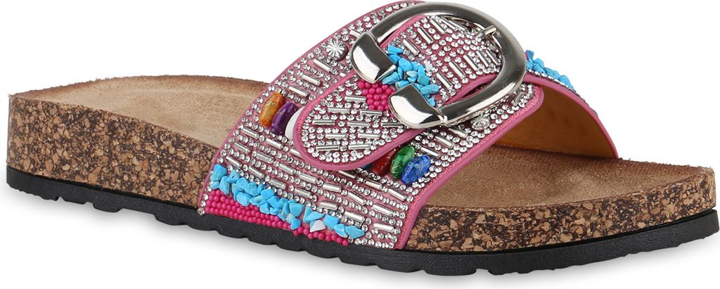VAN HILL Damen Pantoletten Sandalen Strass Zierperlen Schnallen Schuhe 840988, Farbe: Fuchsia, Größe: 38