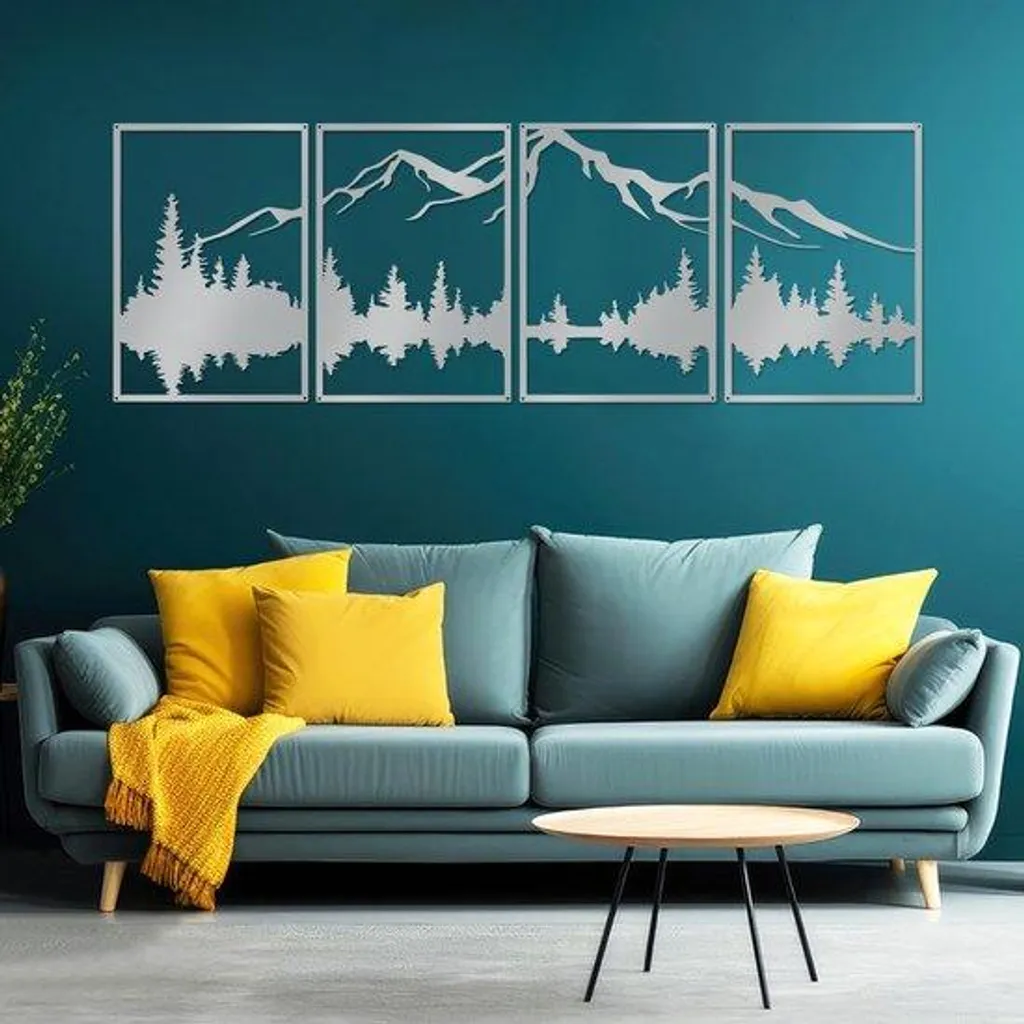 Décoration murale métal forêt et montagne, tableau triptyque moderne